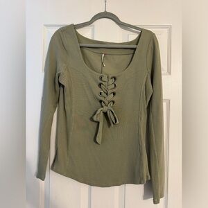 Free People Longed Sleeved Tie Front Green Blouse